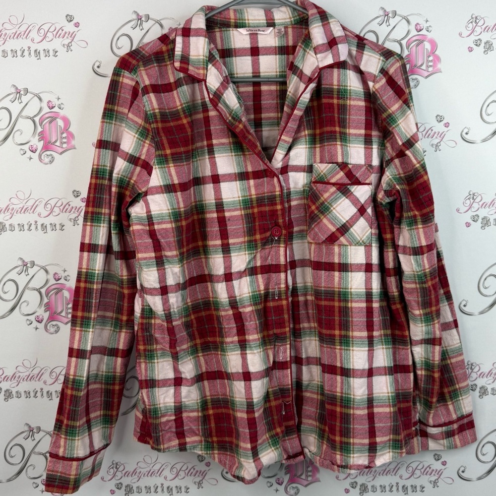 La Vie En Rose long sleeve button up, red Pink and Green Plaid Shirt collared